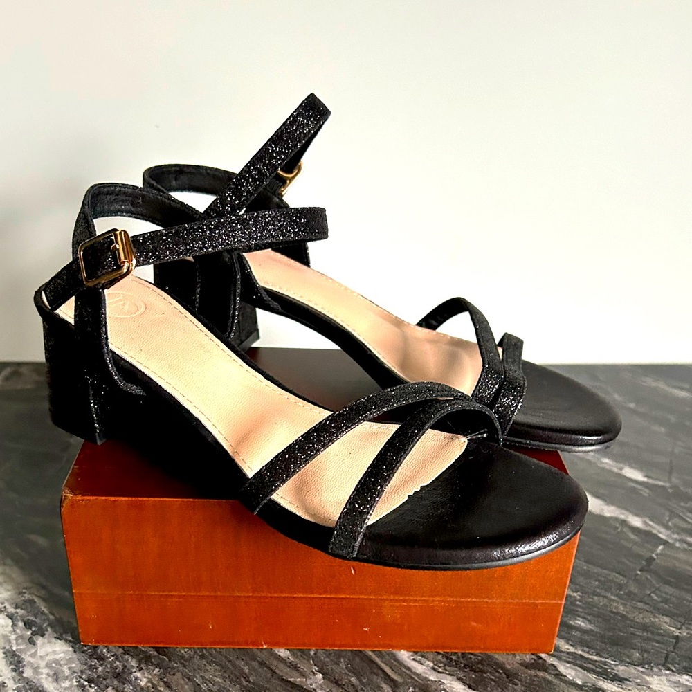 Open Toe Chunky Heel Black Sparkly Sandals